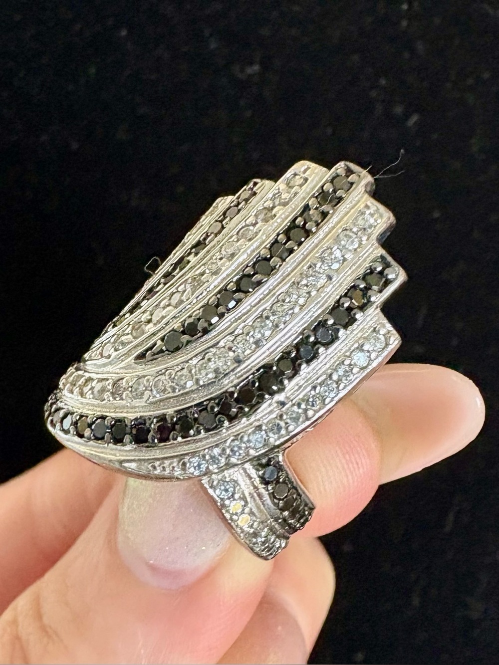LARGE GENUINE 2 CT Black White Diamond
Ring Art Deco Sz 7 Sterling S 18k Gold P